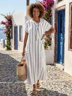 Chloé | Midi csíkos ruha megkötős gallérral és zsebekkel
