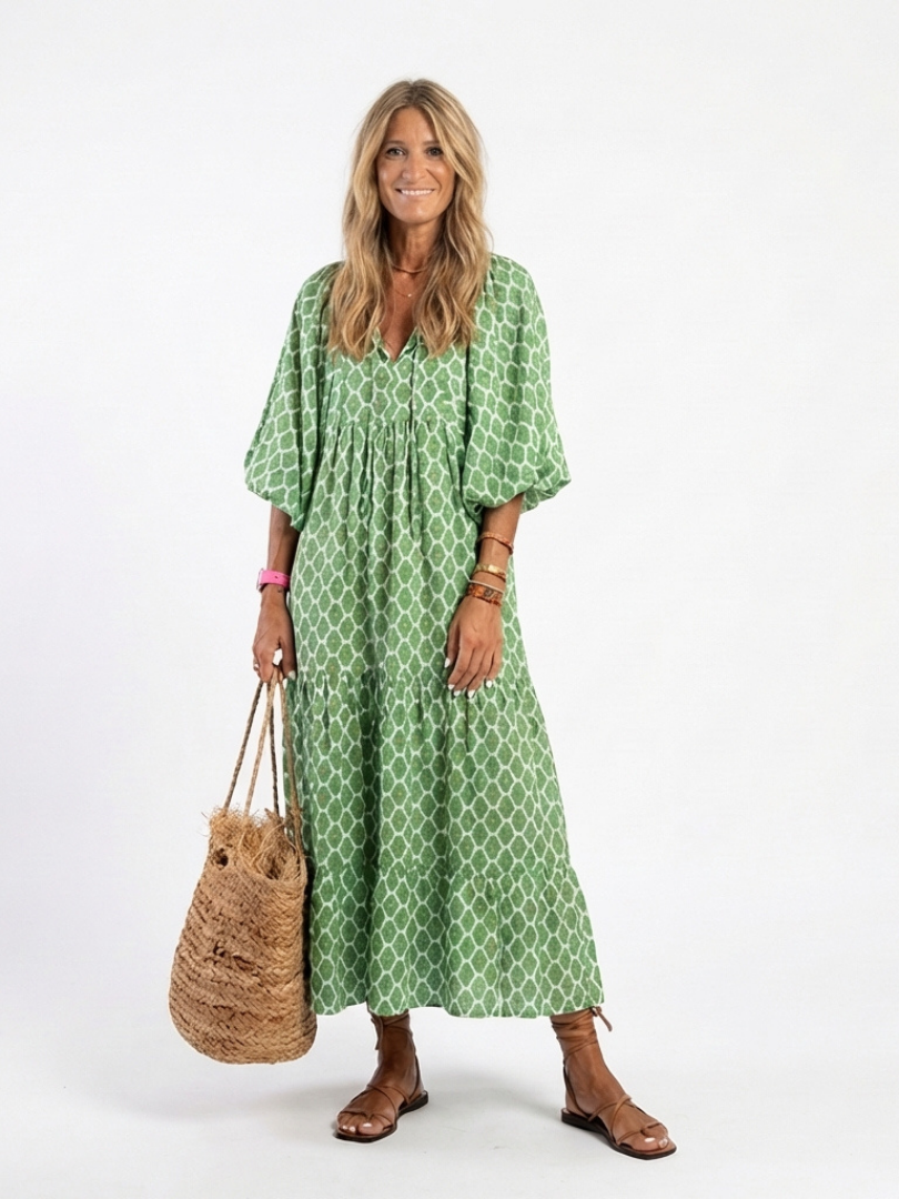 Céline | Midi ruha mintával, háromnegyedes ujjakkal és V-nyakkal