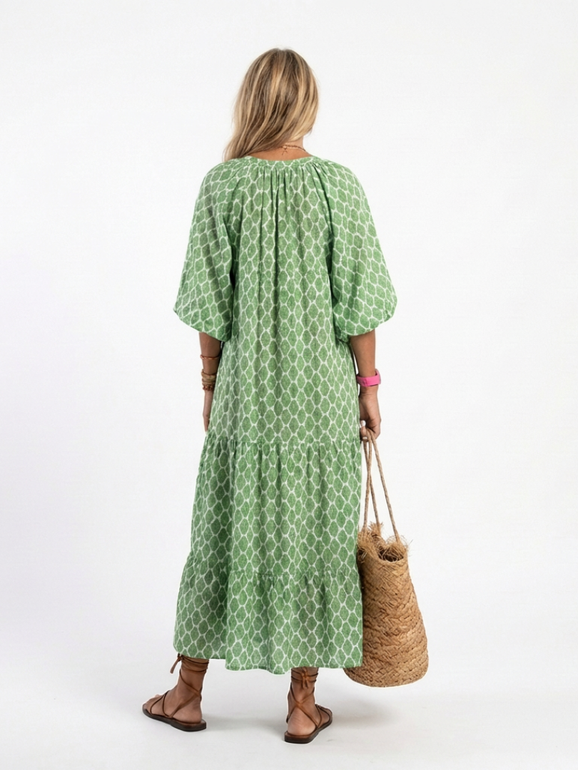 Céline | Midi ruha mintával, háromnegyedes ujjakkal és V-nyakkal