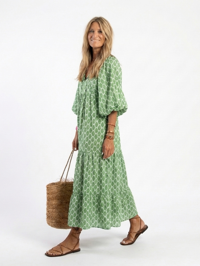Céline | Midi ruha mintával, háromnegyedes ujjakkal és V-nyakkal