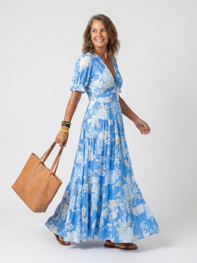 Juliette | Virágmintás midi ruha, rövid ujjal és V-nyakkivágással