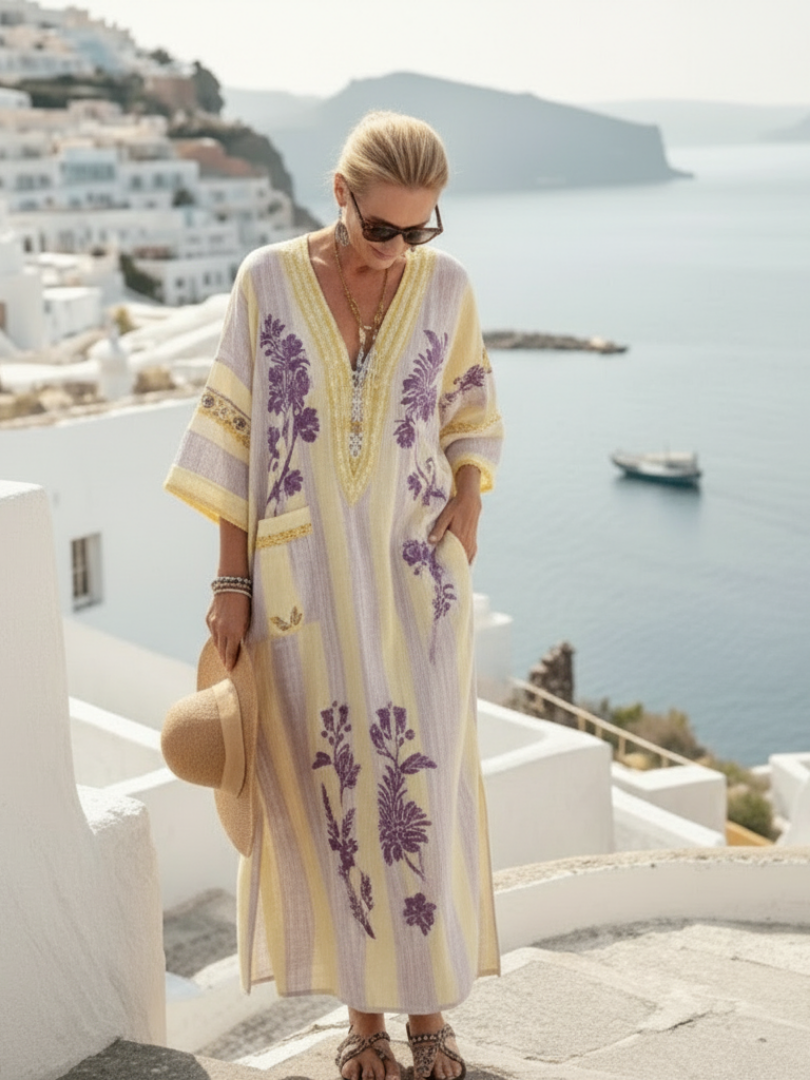 Iris | Virágmintás, V nyakú, félhosszú ujjú maxi ruha