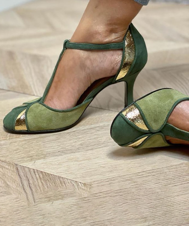 Taviana - Párnázott T-strap és zárt orrú patchwork magassarkú