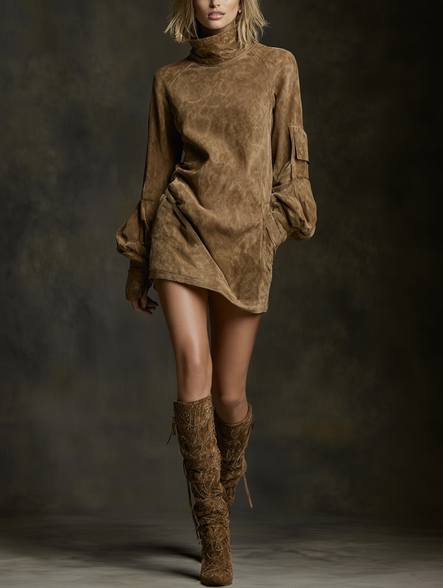 Ariane | Mini-Robe Ampla Suédine Magas Gallérral